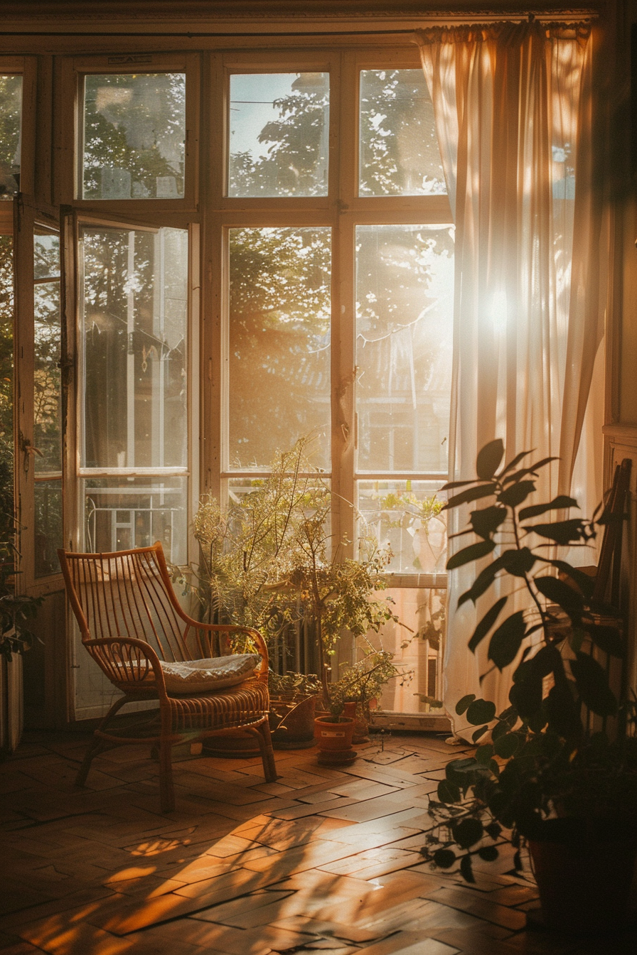 Sunlight filters through large windows onto a cozy wicker chair and indoor plants in a peaceful room.