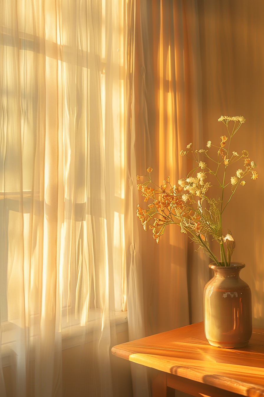 Sunlight streaming through sheer curtains, casting a warm glow on a vase of dried flowers on a wooden table.