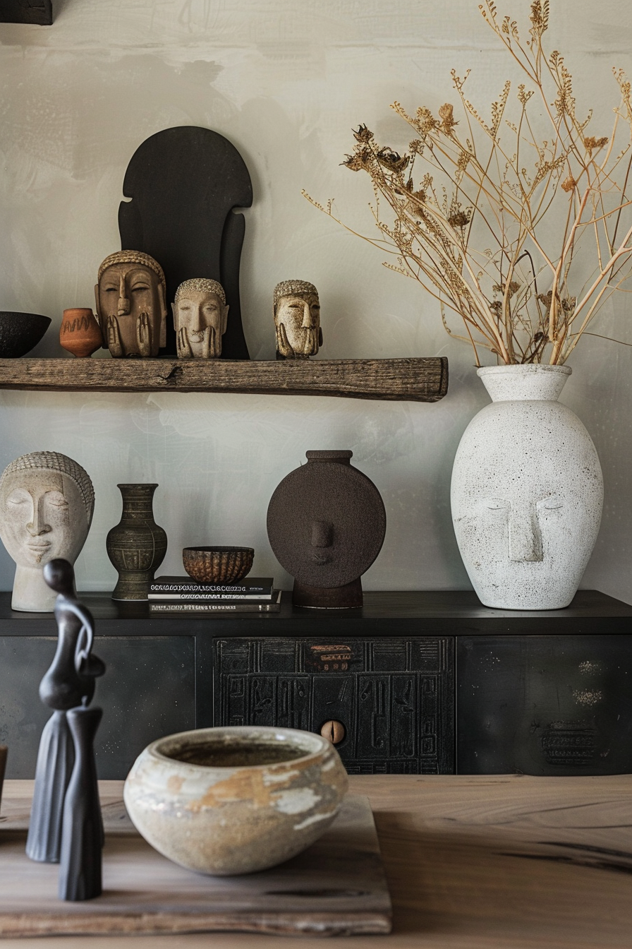 A shelf with assorted ethnic sculptures and vases, with dried flowers in a tall vase next to them, set against a textured wall.