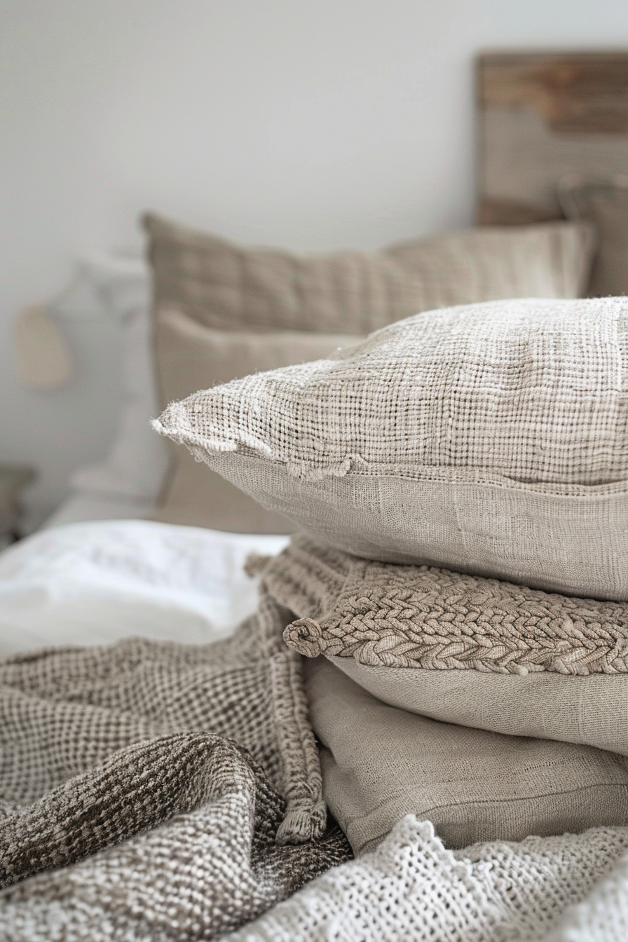 A cozy bedroom corner with a stack of textured throw pillows in neutral tones, and a knitted blanket draped over the side.