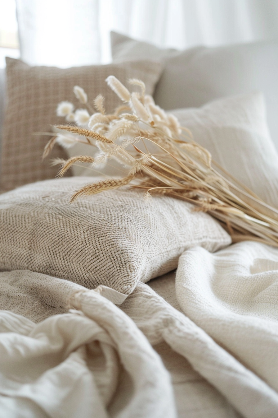 A bundle of wheat and soft, fluffy bunny tail grass atop a cozy bed with woven and textured pillows and blankets in muted tones.