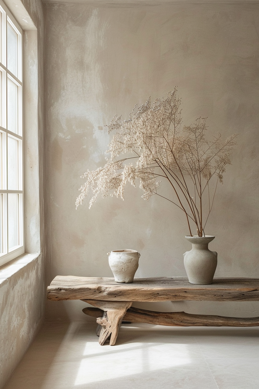 A rustic room corner with a wooden bench, textured walls, a window, and two vases with dried plants on the bench.