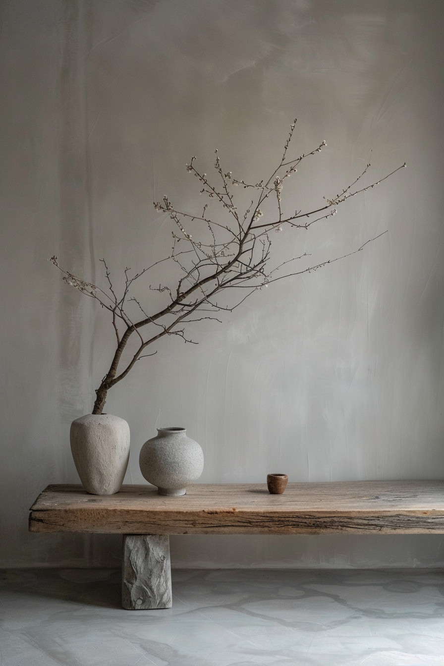 A minimalist interior with a rustic wooden bench displaying two vases and a small bowl, one vase containing a bare branch with buds.