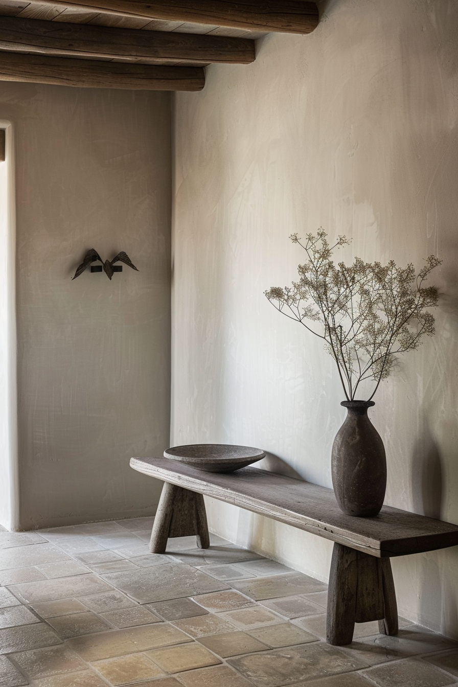 A serene room corner with a rustic wooden bench, two pottery pieces, and a simple wall with a bird sculpture.