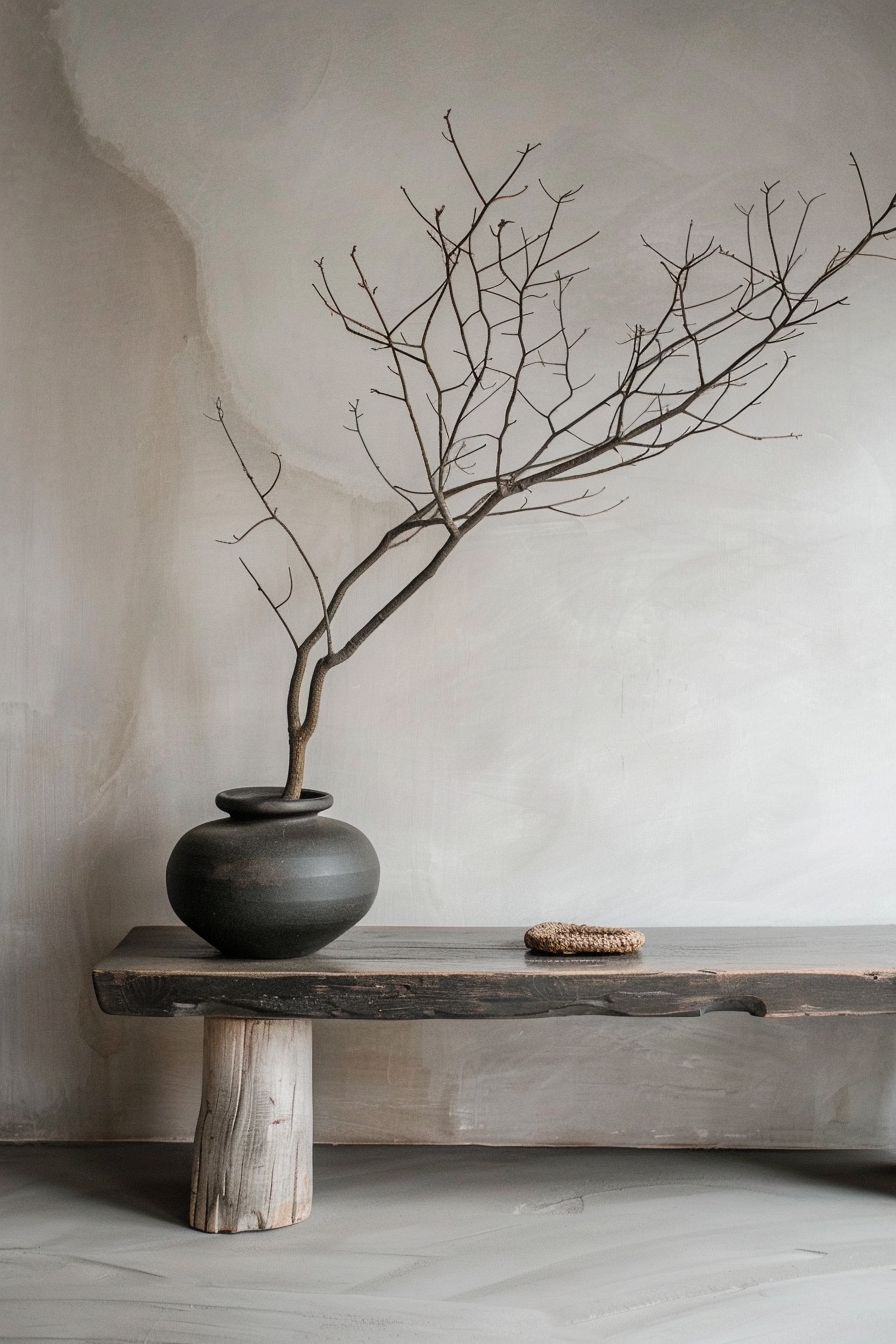 ALT: A simple yet elegant display of a bare tree branch in a matte black vase on a rustic wooden bench against a textured grey wall.