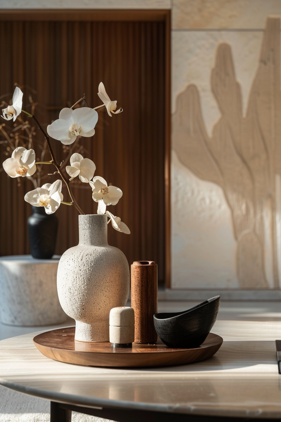ALT text: "A serene interior setting with a textured vase holding white orchids on a wooden tray alongside two candles and a black bowl."
