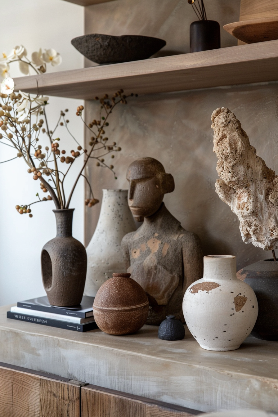 A modern shelf displaying an assortment of vases, sculptures, and books, with a rustic textured backdrop.
