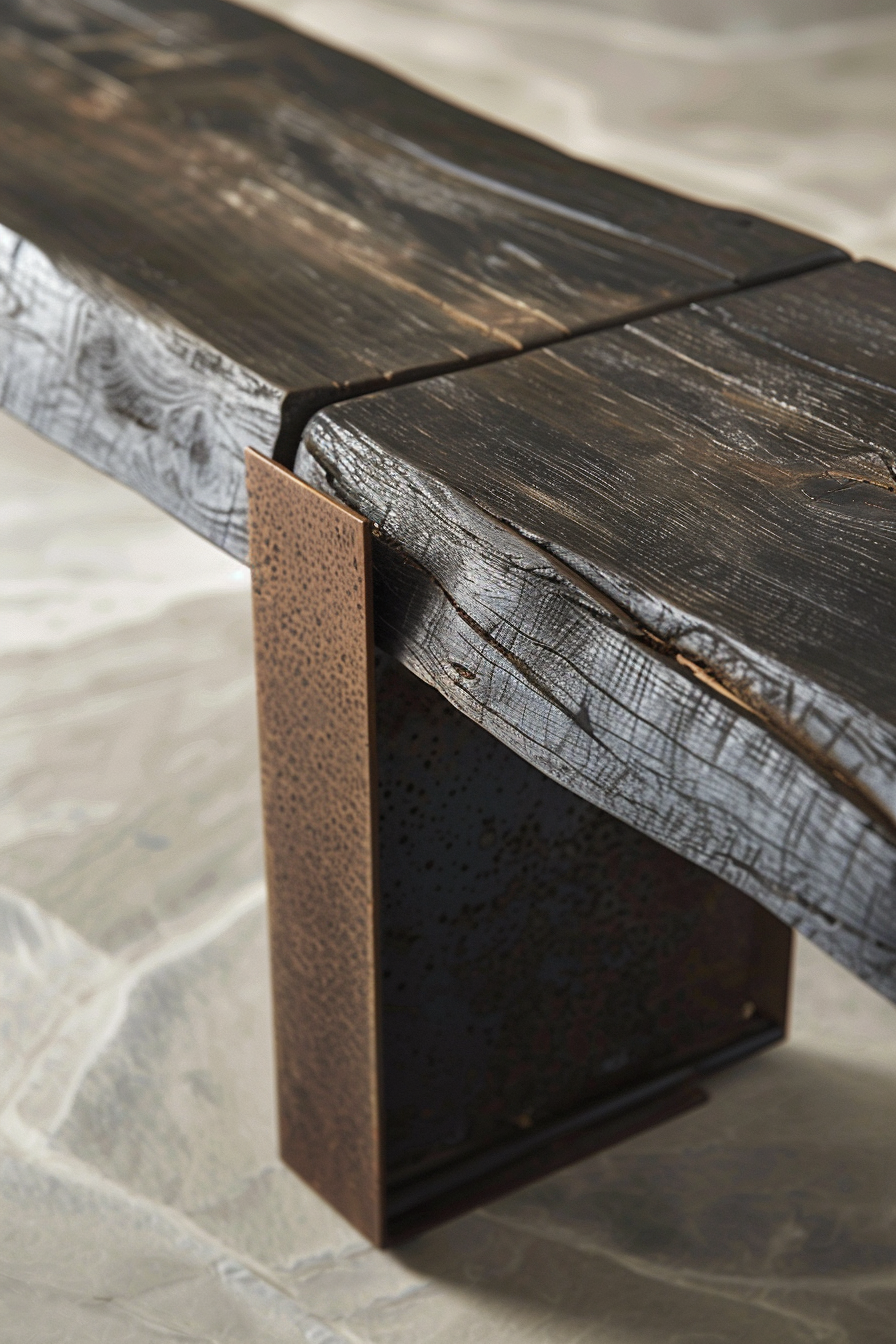 Close-up of a rustic, dark-stained wooden bench with a metal leg support on a patterned floor.