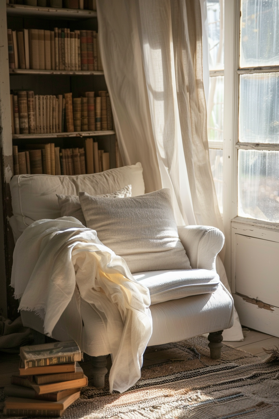 A cozy armchair draped with a white throw sits beside a window, with sunlight filtering through sheer curtains and a bookcase in the background.