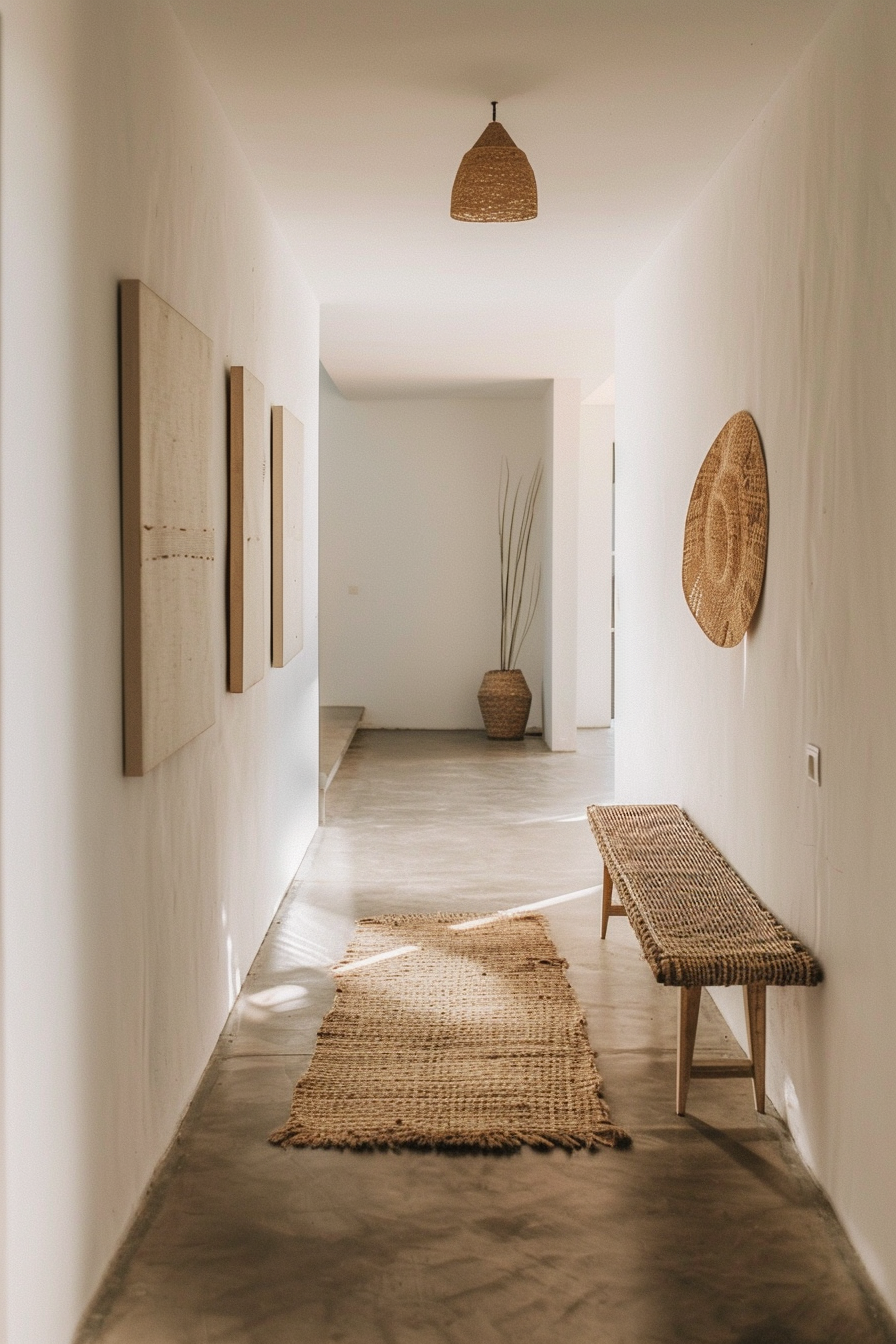 A minimalist hallway with a woven bench, rug, wall art, and a suspended wicker lamp in a serene, neutral-toned space.