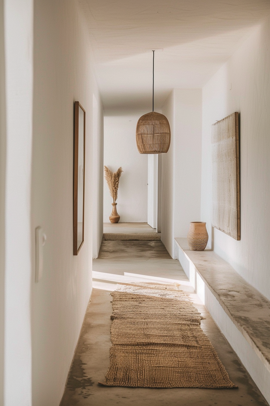 A minimalist hallway with a woven pendant light, natural fiber rug, and rustic decor elements on a bench and walls.