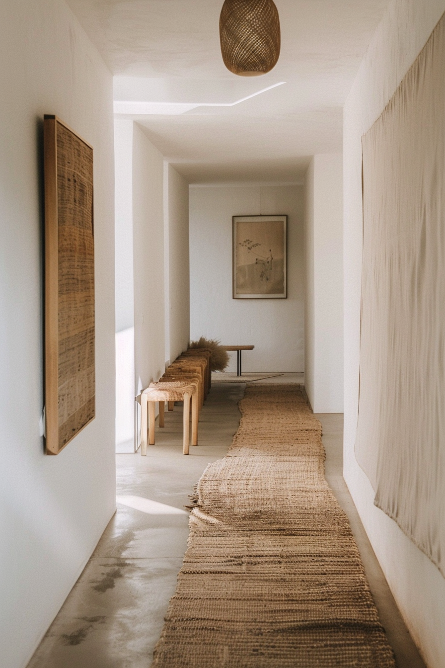 A warm hallway with a woven rug, wooden furniture, framed art on walls, and a hanging rattan lamp, creating a cozy ambiance.