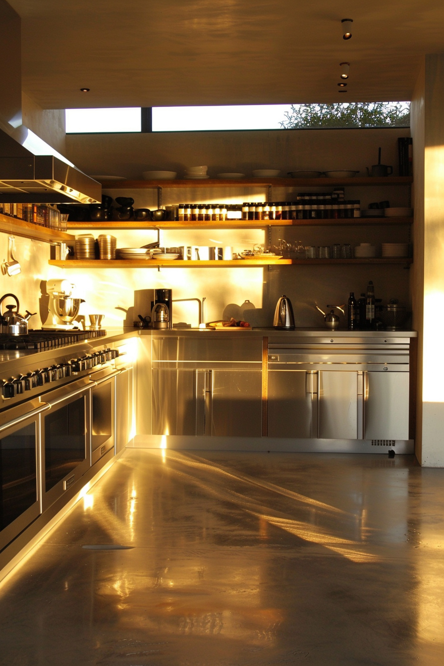 A modern kitchen interior at sunset with golden light casting shadows across stainless steel appliances and polished floors.