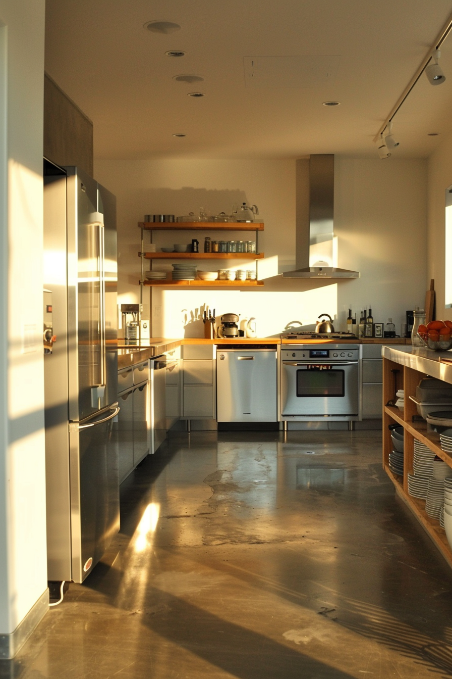 Modern kitchen interior bathed in golden evening sunlight with stainless steel appliances and shelves of dishes.
