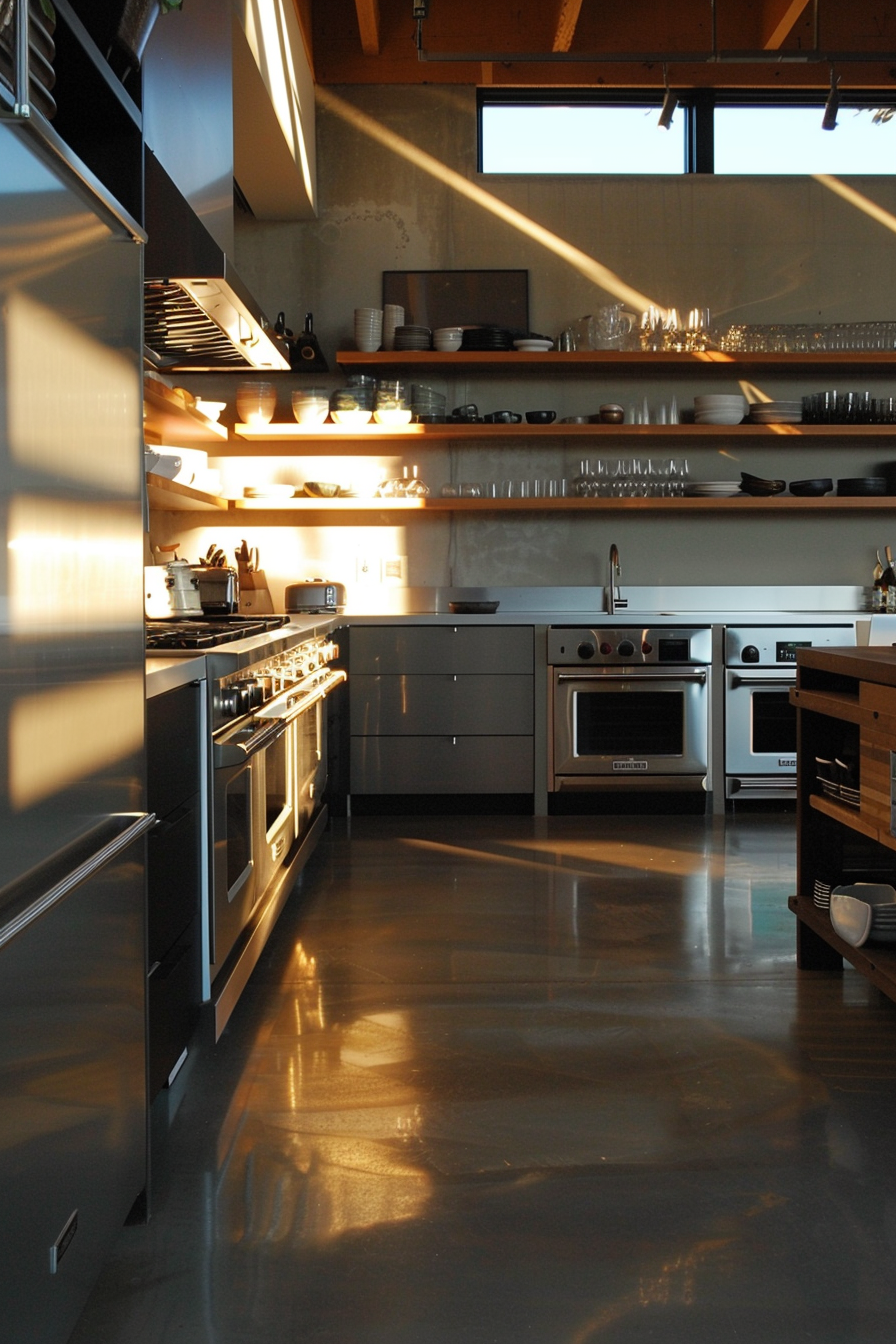 Modern kitchen interior bathed in warm sunlight with stainless steel appliances and open shelves.