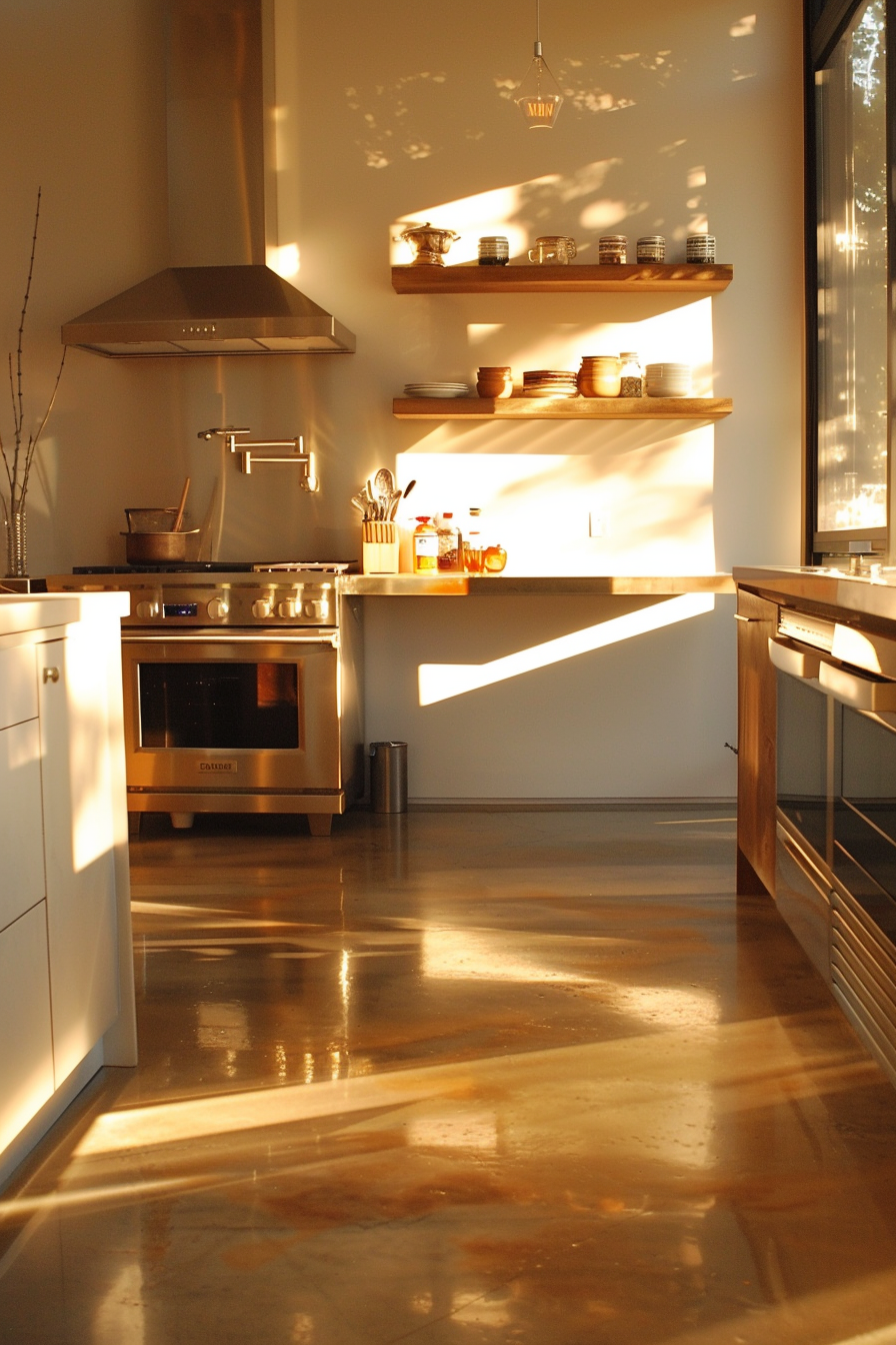 Warm sunlight filters through a modern kitchen with floating shelves, stainless-steel appliances, and glossy floor.