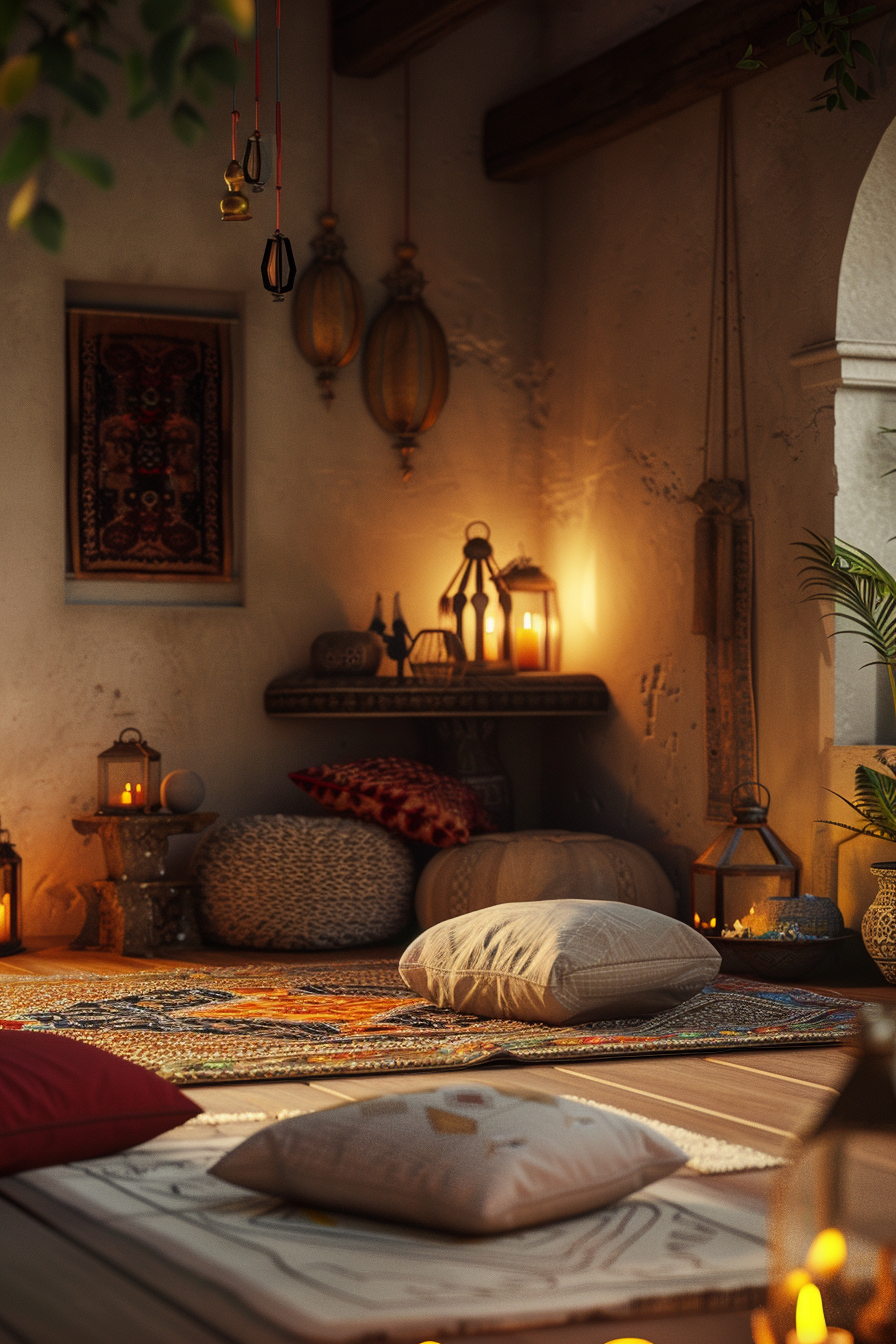 Cozy interior with cushions on a colorful rug, illuminated by the warm glow from multiple hanging and standing lanterns.