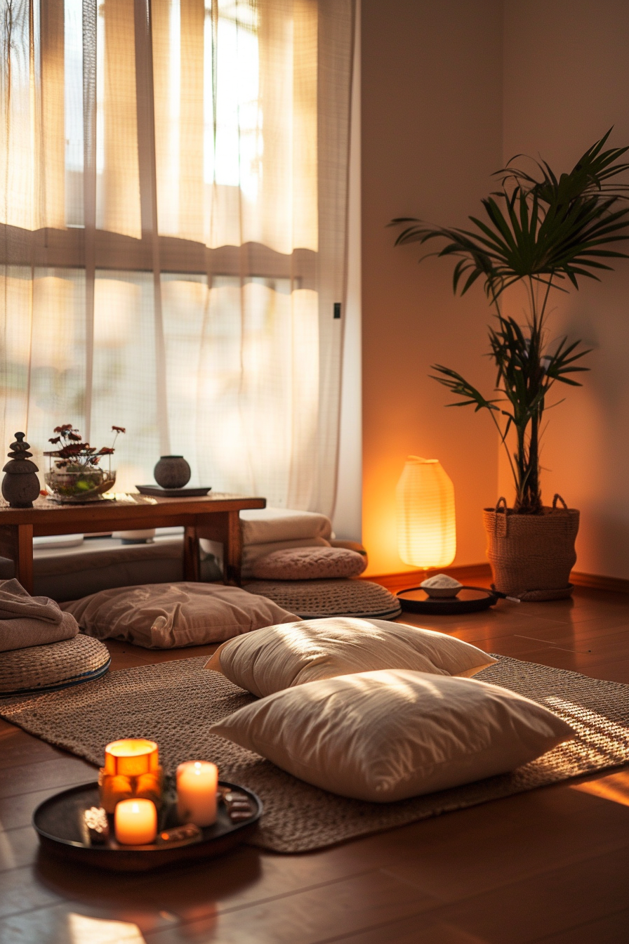 Cozy meditation space with cushions, warm lighting, and a potted plant by sheer curtains.