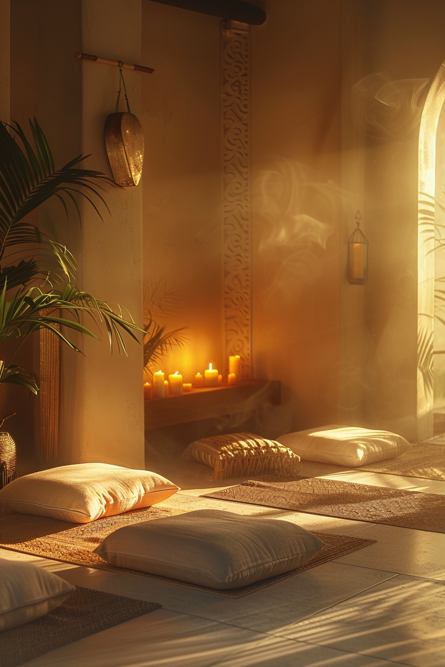 Cozy meditation room with cushions on the floor, candles on a shelf, and warm sunlight filtering through the window.