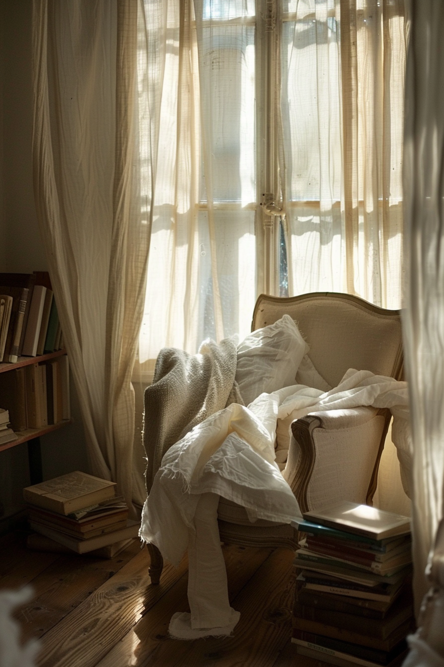 A cozy corner with a vintage armchair, draped with a knit throw and white linens, in a sunlit room with sheer curtains and stacked books.