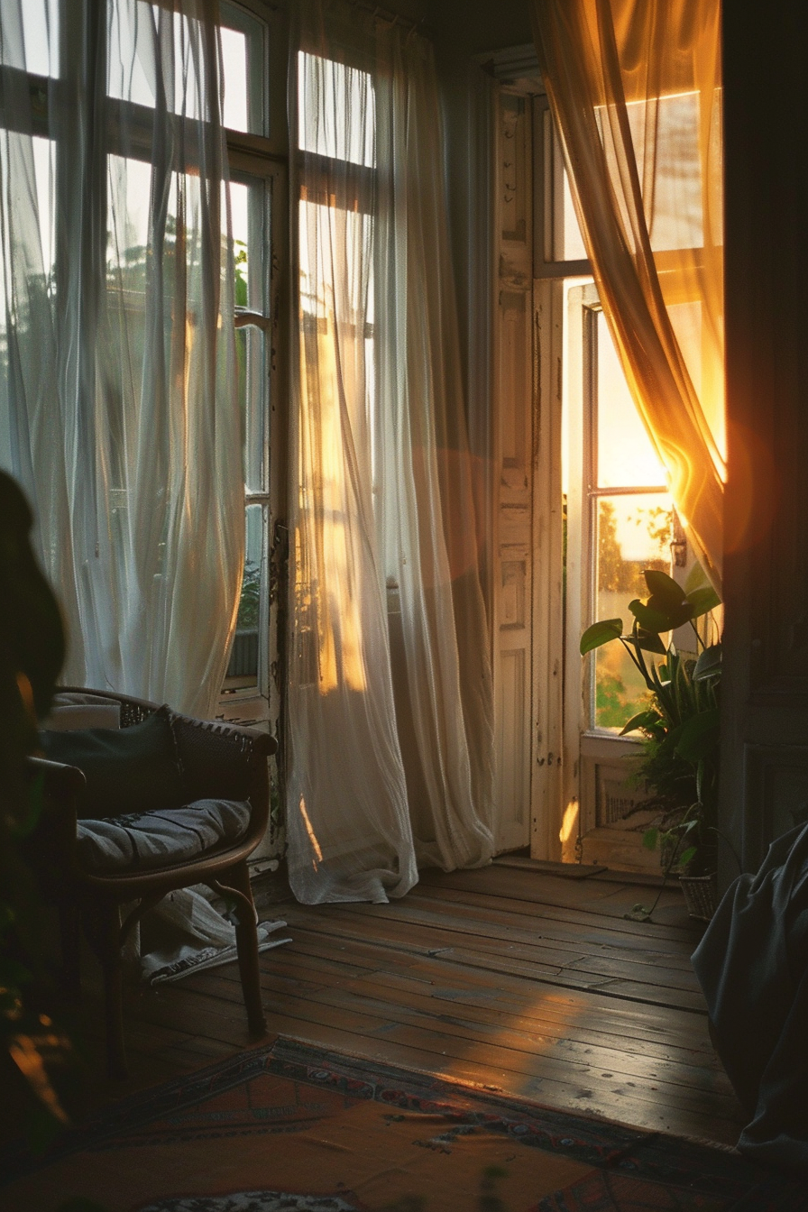 Alt: Warm sunlight streams through sheer curtains into a vintage room with wooden floors, an armchair, and plants, invoking a peaceful mood.