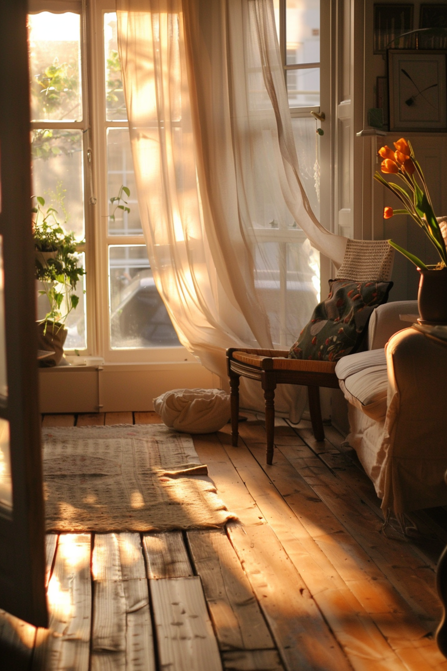 ALT: A cozy room bathed in warm sunlight with a sheer curtain swaying by an open window, a sofa, and a wooden floor with a throw rug.