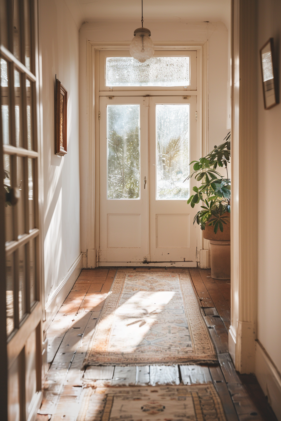 Sunlit corridor with a wooden floor, white doors at the end, patterned rug, and a hanging lamp.