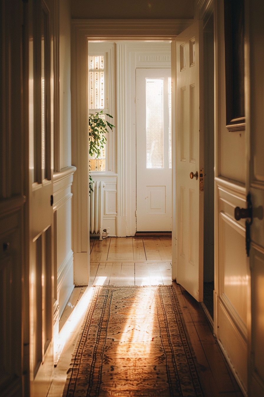 Warm sunlight streams through an open door into a cozy hallway with wooden floors and a patterned rug.