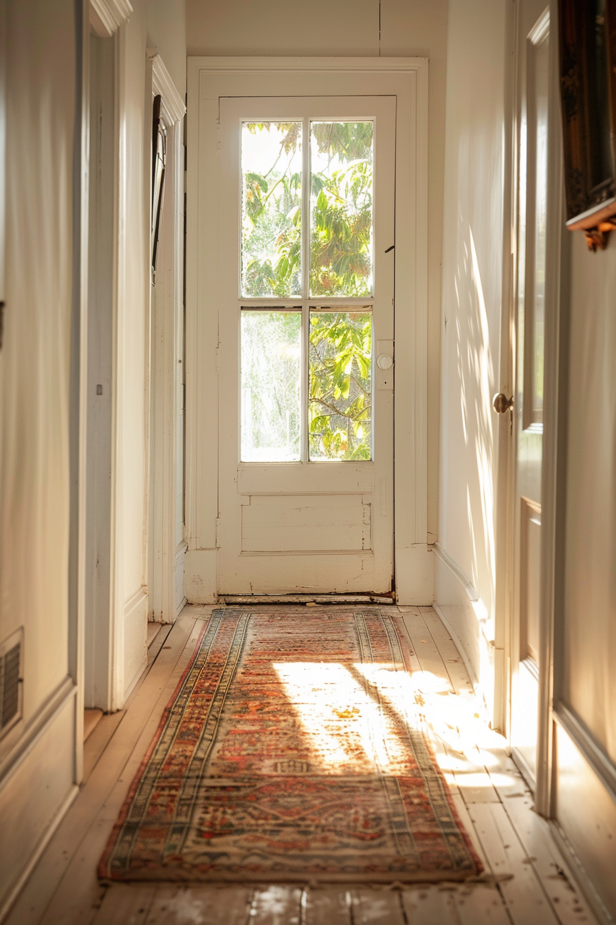 Sunlight streams through a window onto an antique rug in a cozy, wood-floored corridor with white walls and doors.