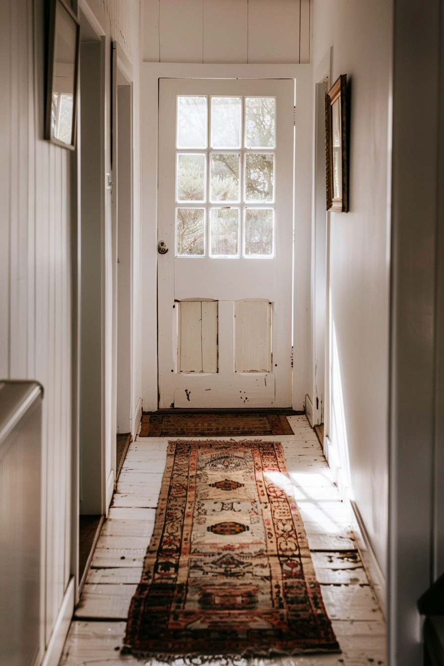 A cozy hallway with white walls, a vintage rug on a distressed wooden floor, and a door at the end with sunlight streaming through the window.