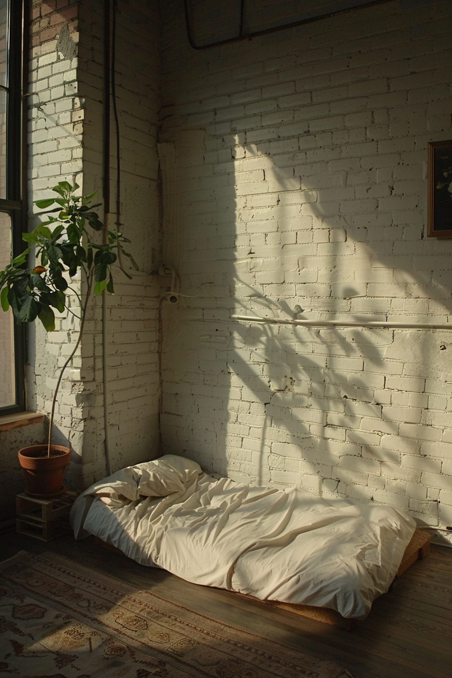 A cozy minimalist bedroom with a mattress on the floor, sunlight casting shadows on a white-painted brick wall, next to a potted plant.