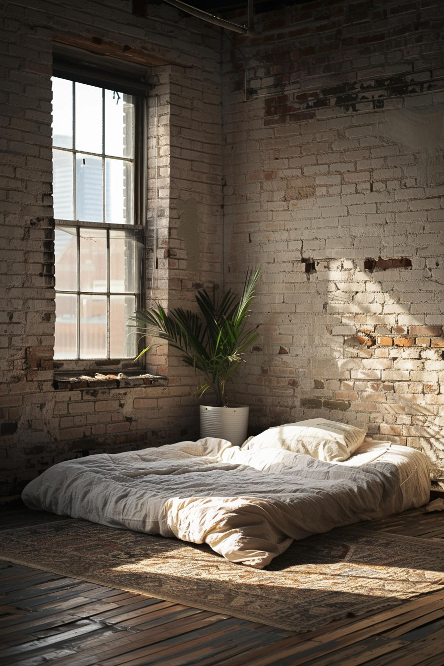 A cozy, urban bedroom with an unmade bed, plant by the window, and exposed brick walls bathed in warm sunlight.