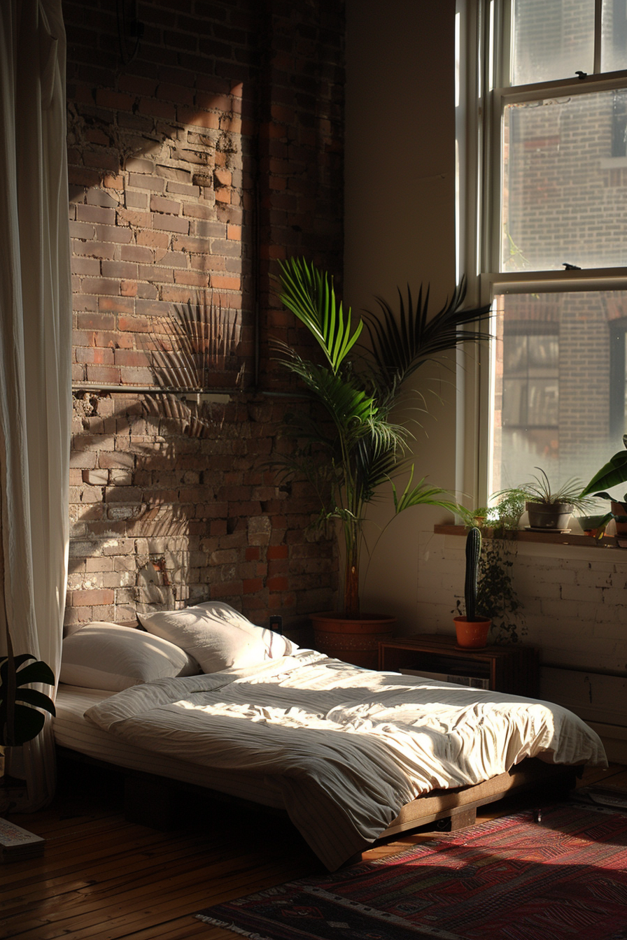 Sunlit cozy bedroom with a bed, exposed brick wall, large window, plants, and a warm-toned rug.