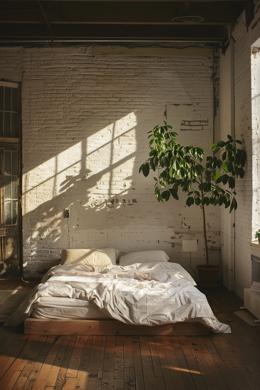 A cozy, sunlit bedroom with an unmade bed, white brick wall, wooden floor, and a plant next to a lamp.