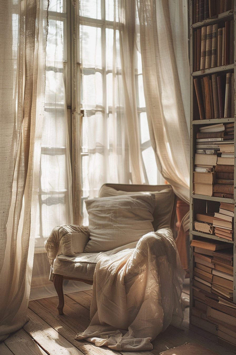A cozy reading nook with sunlight filtering through sheer curtains, an armchair, and a tall bookshelf filled with books.
