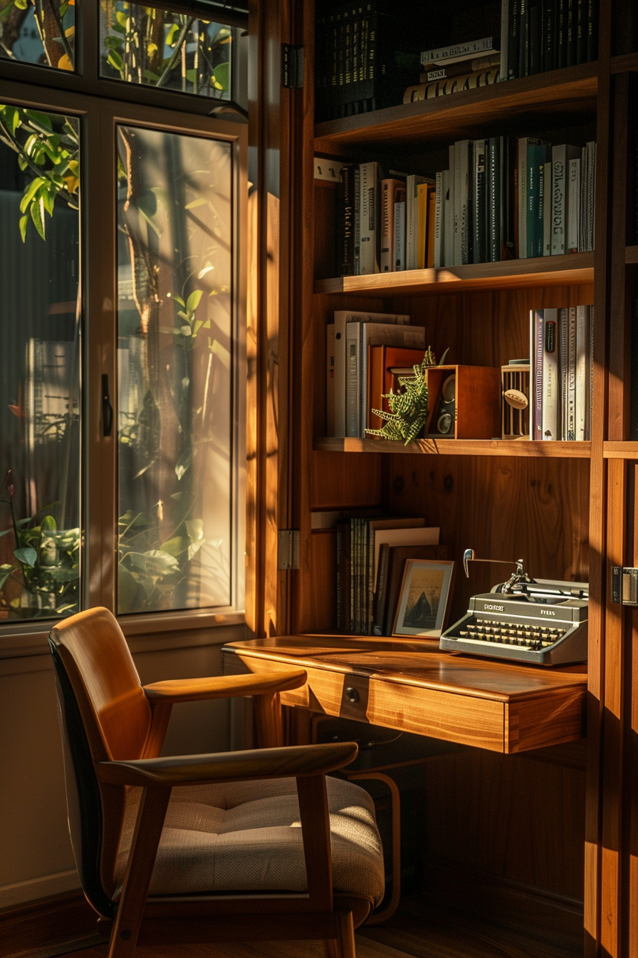 Cozy home office corner with a vintage typewriter on the desk, bookshelves, and warm sunlight filtering through the window.