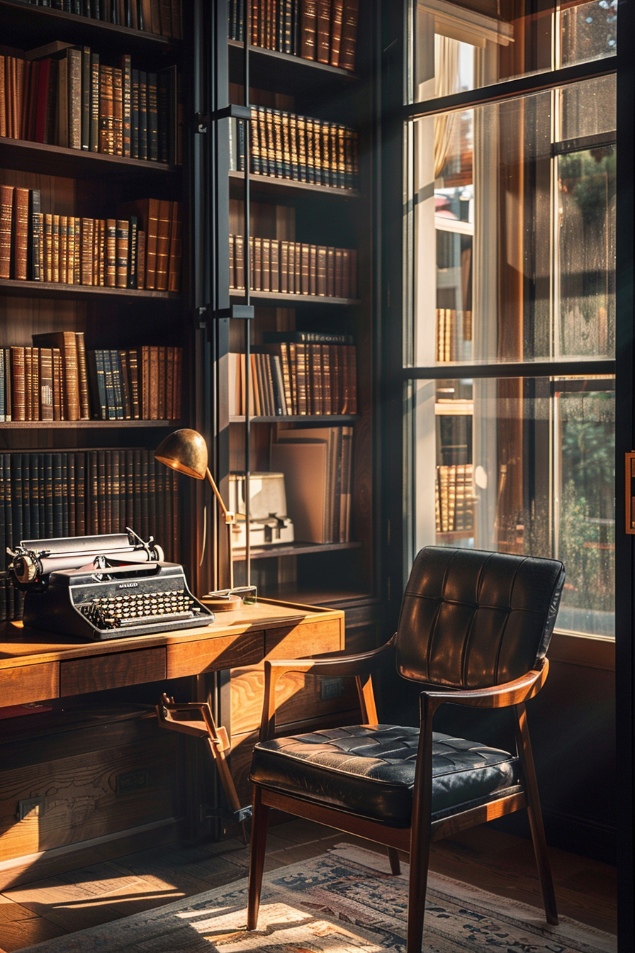 A cozy study with a vintage typewriter on a wooden desk, a leather chair, and bookshelves filled with books, bathed in warm sunlight.