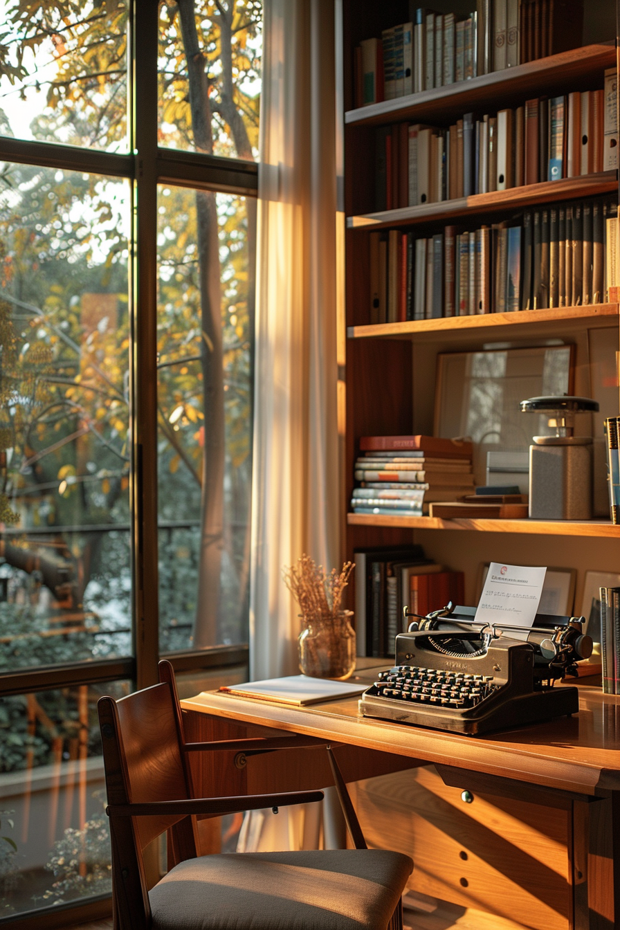 A cozy home office with warm sunlight streaming through a large window beside a bookshelf, highlighting a vintage typewriter on a wooden desk.