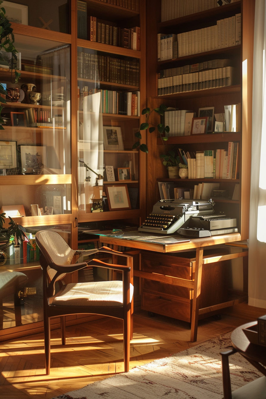 Cozy home office with sunlight casting warm glow on wooden desk, vintage typewriter, chair, and bookshelves filled with books.