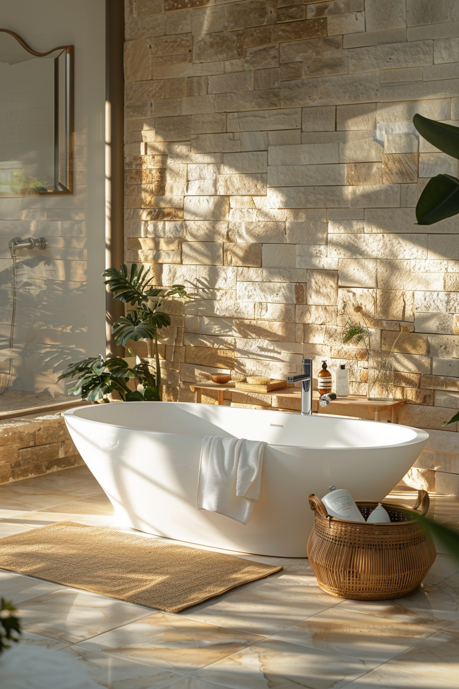 A sunlight-bathed bathroom featuring a standalone tub, stone wall, plants, and shower area.