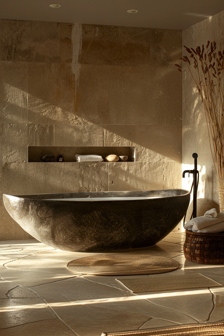 Elegant bathroom with a stone wall, freestanding black tub, two towels, a mat, and a decorative basket with foliage.