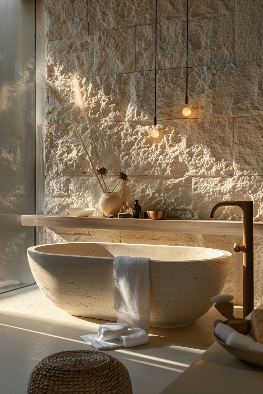 A serene bathroom with warm sunlight casting patterns on a textured wall, highlighting an elegant freestanding bathtub and decor.