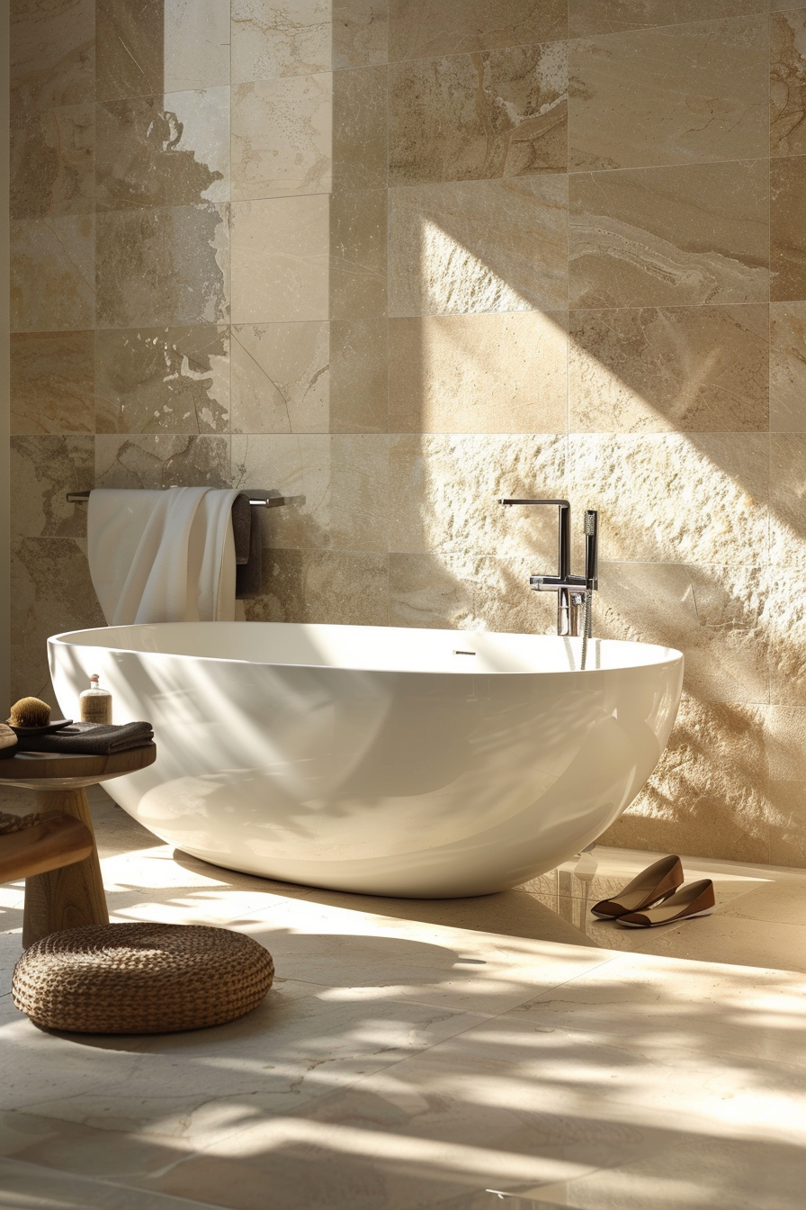 Modern freestanding bathtub in a bathroom with beige tiled walls, natural light, and elegant accessories including slippers.