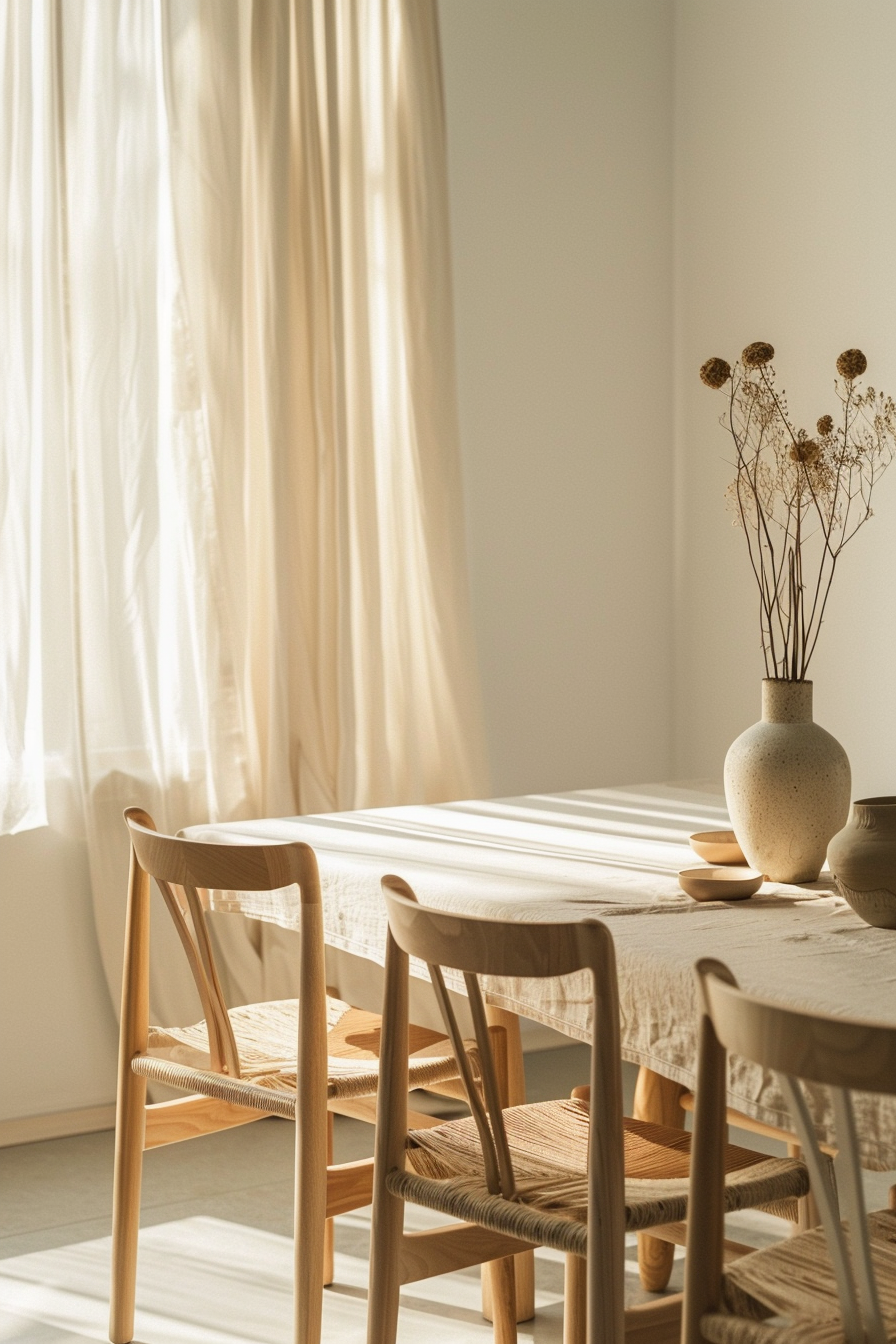 A cozy dining room with sunlight casting shadows through sheer curtains onto a wooden table with chairs and a vase of dried flowers.