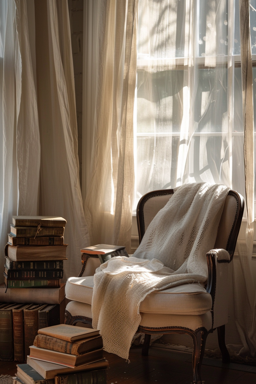 A cozy reading nook with an armchair, throw blanket, and piles of books by a window with sheer curtains and warm sunlight.