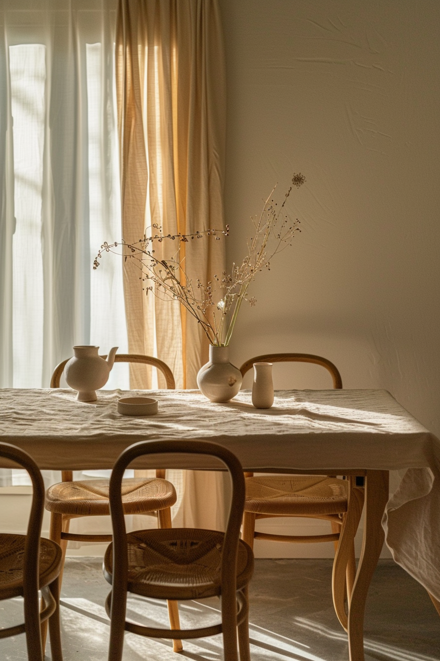 Warm sunlight filters through sheer curtains onto a rustic dining table with ceramic teapot, cups, and a vase with dried flowers.