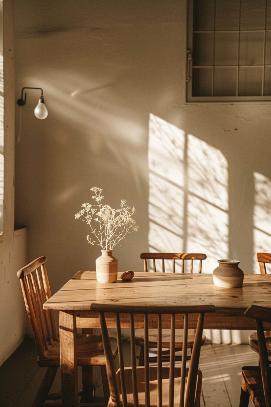Warm sunlight streams through a window, casting shadows on a wall and a wooden table with a vase of dried flowers.