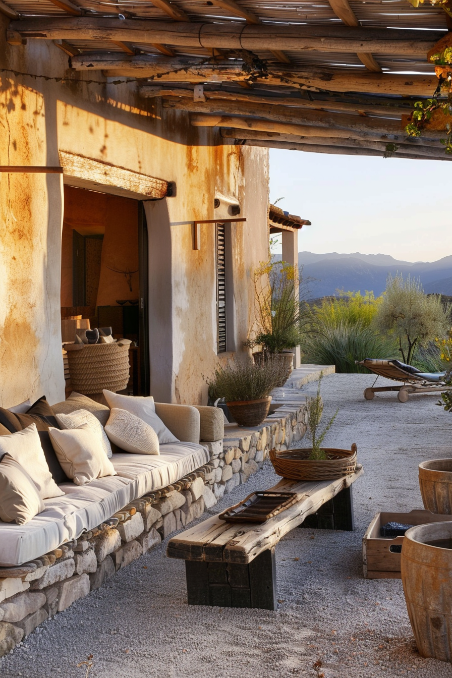 A rustic patio with cushioned bench seating, wooden furniture, potted plants, and a mountain view in the distance at twilight.