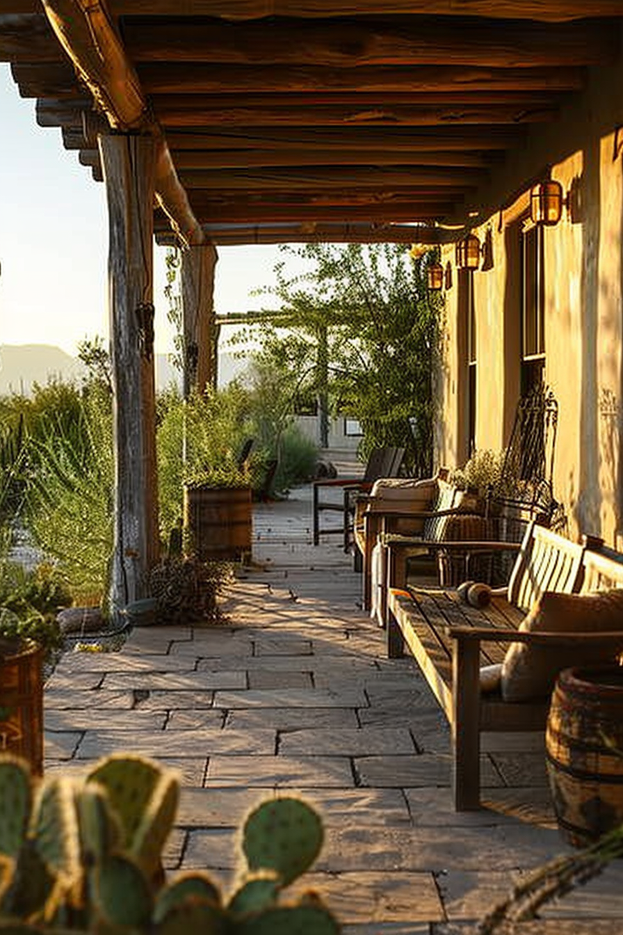 Porch with wooden benches and planters at sunset, featuring a stone floor, wooden beams, and desert landscape in the background.