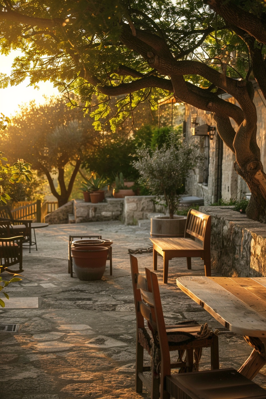 A tranquil outdoor seating area bathed in warm sunset light, with wooden furniture and potted plants, under a leafy tree.